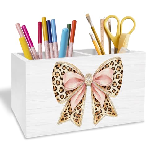 Coquette Pink Leopard Bow Pen Holder for Desk, Preppy Girly Pencil Organizer, Trendy Cheetah Print Bow Wooden Box Sign Desk Decor for Girls Bedroom Dorm Home Office Decoration - color: Pink Leopard Bow