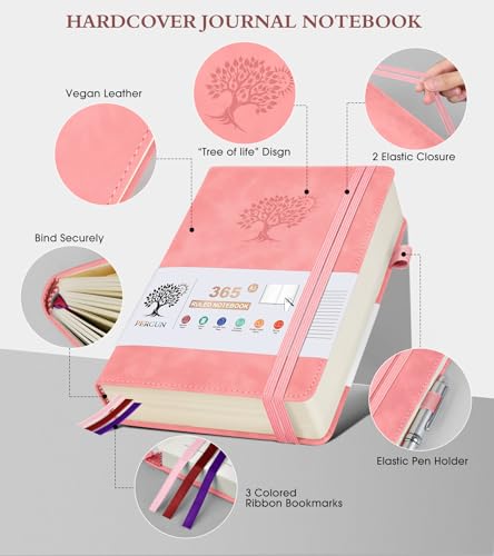 A5 Lined Journal Notebook - 365 Page Leather Journals for Writing Women & Men，Hardcover Notebook with 100Gsm Thick Pages，Daily Diary for Travel, Work，School，Note Taking，College Ruled (5.9" x 8.5") - color: Pink, size: A5