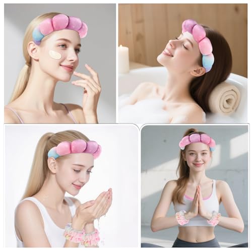 Zkptops Spa Headband for Washing Face Wristband Set Sponge Makeup Skincare Velvet Fabric Bubble Soft Get Ready Hairbands for Women Puffy Headwear Non Slip Thick Thin Hair Accessory(Star) - color: ZYH Star