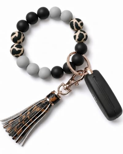 BIHRTC Key Ring Bracelet Car Keychain Holder Wristlet Silicone Women Beaded Bangle Chains - color: Black Leopard