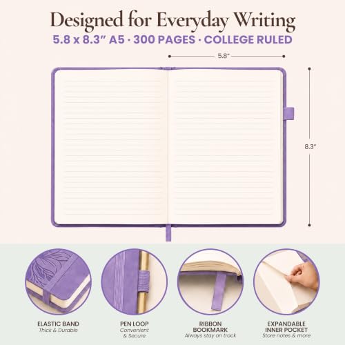Lined Journal Notebook Hardcover Leather Bound 300 Pages A5 Purple Diary - color: Purple, size: A5 300 Pages