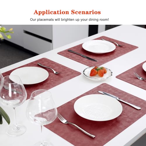 Red Vinyl Placemats Set of 6 Waterproof Wipeable Table Mats - color: Red