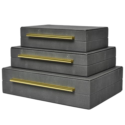 DECOR4SEASON Faux Shagreen Decorative Stackable Storage Boxes – Set of 3 - color: Grey, size: L