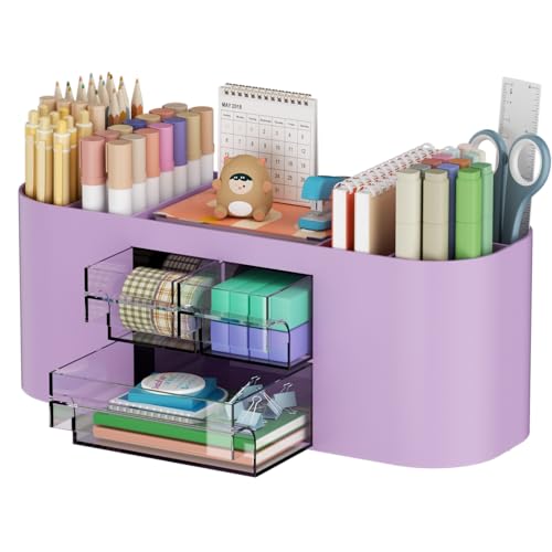 Marbrasse Pen Holder for Desk with 3 Drawers, Multi-Functional Pencil Holder, Desk Organizers and Accessories with 7 Compartments for Home, School, Classroom (Purple) - color: Purple
