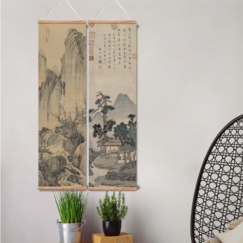 xinyuru Chinese Ancient Landscape Scroll Wall Art Poster, 3-Piece Set - color: landscape-Oak, size: 12"x41"x3 Piece