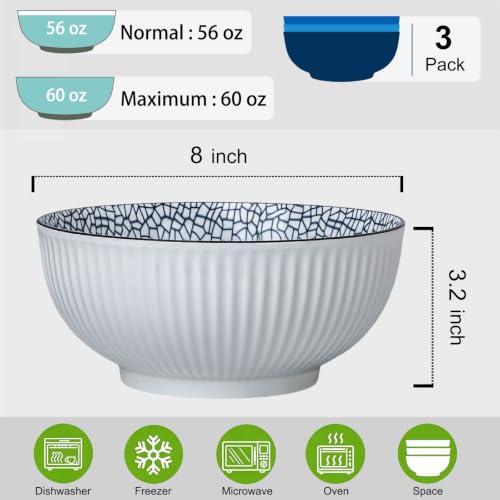 60 oz Large Soup Bowls Set of 3, Pho Bowls, Ramen Bowl - Leaf - size: Leaf Pattern (8 Inch, 60 oz)