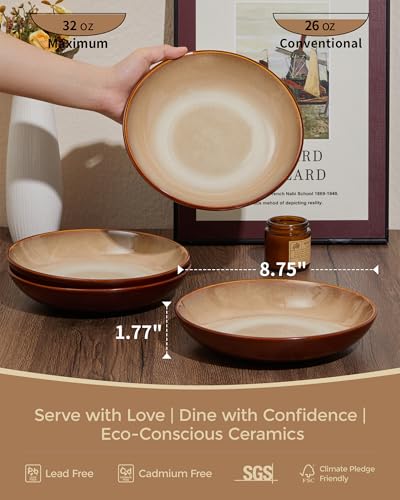 Pokini 8.75'' Ceramic Pasta Bowls Set of 4, Salad Bowls Pasta Serving Bowls - color: Brown and Yellow, size: Set of 4