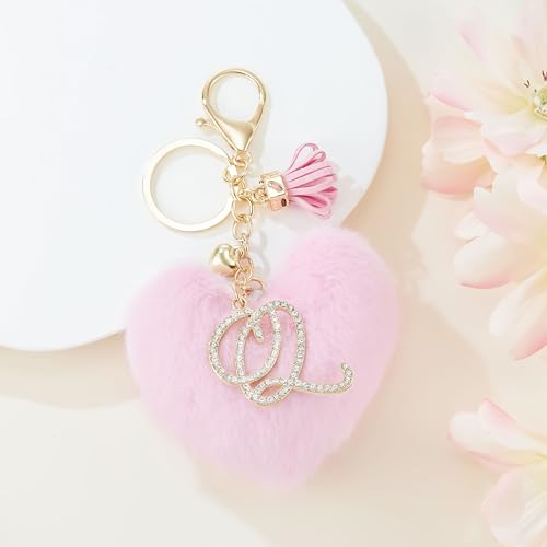 Initial Letter Heart Pom Pom Keychain for Women Pink Soft Fluffy Ball Key Ring for Purse Backpack Handbag - color: Q
