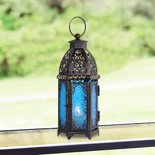 Christmas Lanterns Decorations Indoor & Outdoor, 11’’ Medium Size Vintage Metal Hanging&Tabletop Candle Holder Decor, Halloween Ramadan Decorations for Home Porch Patio(Blue) - color: Blue - 11''h, size: Medium