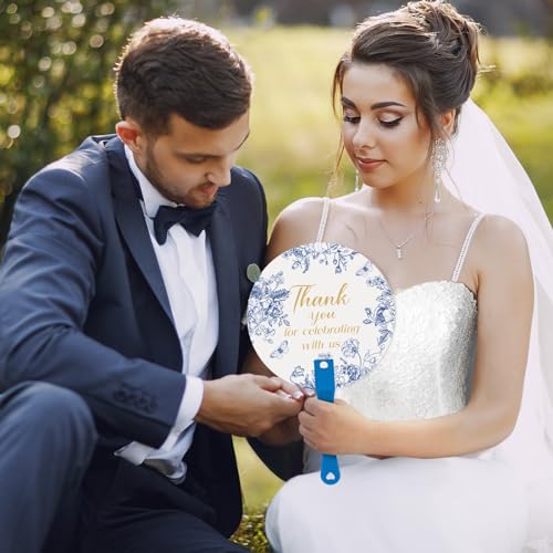 CroBlissful 100 Pcs Wedding Hand Fans for Guest Bulk, Handheld, Blue Flower - style: Blue Flower