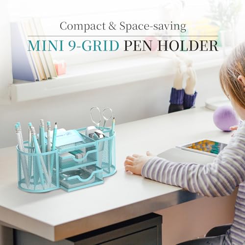 SUPEASY Mesh Desk Organizer, Pen Holder for Desk with 2 Drawers, Blue - color: Baby Blue