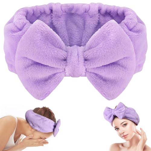 Shintop Soft Spa Headband with Cute Bow for Makeup Washing Face（Purple） - color: Purple