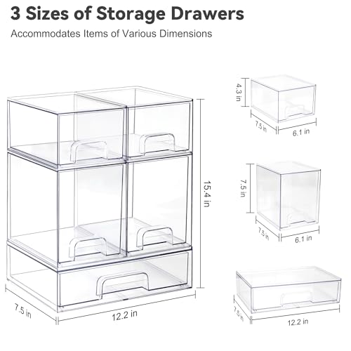 Hvygss Clear Stackable Storage Drawers, Countertop Bottle Organizer 5-Pack