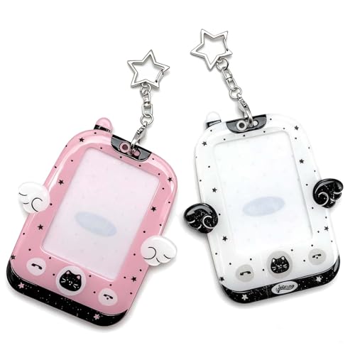 Wing-Shaped Photocard Holder Keychain -2 Pack Clear Acrylic Protective Sleeves for 2.32x3.5 Inch Photos and ID Cards - color: White,pink