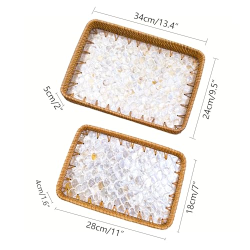 i-lan 2-Piece Rectangular Rattan Serving Trays with Mother of Pearl Inlay – Decorative Handwoven Trays for Coffee Table, Ottoman & Home Organization – Nested Set (13" & 11.5")