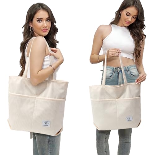 KALIDI Women Corduroy Tote Bag Zipper Casual Tote's Handbag Big Capacity Shoulder Bag with Pockets - color: D-cream White