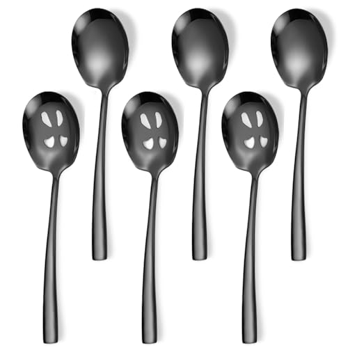 Serving Spoons Set 9.14 Inch Slotted Spoon Serving Spoon Stainless Steel Serving Utensils for Buffet Catering Dishwasher Safe(Set of 6, Black) - size: 3 Spoons, 3 Slotted,Black