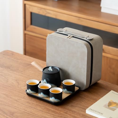 Portable Chinese Tea Set with Carry Bag - Black Complete Gongfu Teapot Set Includes Side Handle, 4 Black Cups, Tea Tray & Strainer, Artistic Travel Teapot Kit for Camping, Office, Home, Gift - color: Black Side-Handle Teapot Set
