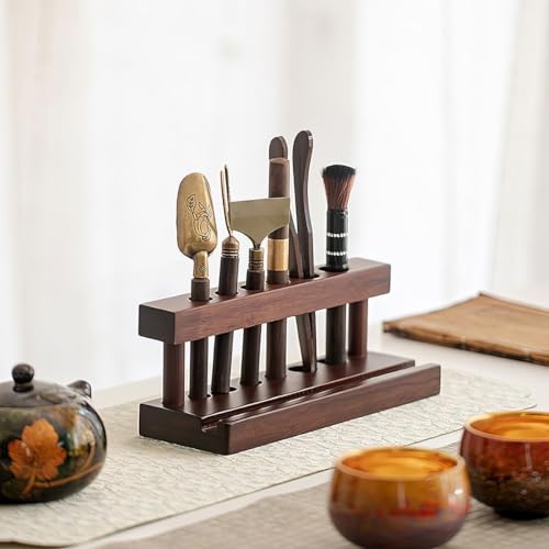 Tea Ceremony Six Gentlemen Set, Chinese Gongfu Tea Making Tools，Multifunctional Tea Ceremony Accessories Combination for Rack Clip Knife Needle Spoon (Walnut color)