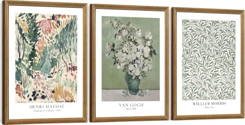 FWAHREN 3 Piece Framed Vintage Botanical Floral Canvas Wall Art Set, Matisse Van Gogh William Morris Paintings, Large Pictures Prints Wall Decor for Living Room Bedroom Bathroom Office, 12x16in - color: Art Masters Trio, size: 16"L x 12"W