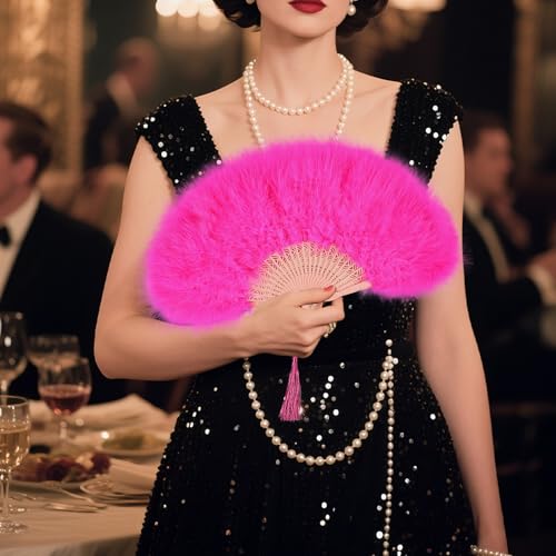 whitefeather Vintage Feather Hand Fan, 17.7 x 11.8 inches, Marabou Feathers, 1920s Style for Costume Parties, Tea Parties - color: Hot Pink