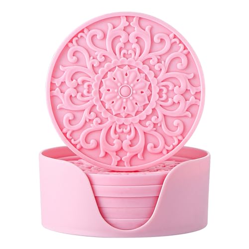 Colinda Silicone Coasters - Set of 6 with Holder, Non-Slip Cup Mats for Hot and Cold Drinks, Decorative Designs, Gift Ready Packaging, Pink - color: Pink