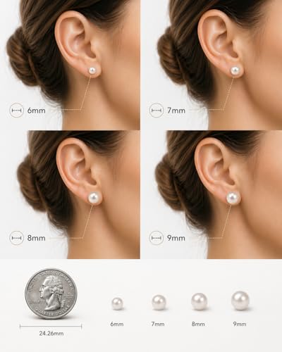 Real Freshwater Pearl Stud Earrings for Women, Hypoallergenic - color: Rhodium Plated, size: 7.0-7.5mm