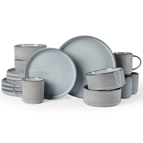 Famiware Star Dinnerware Sets with Mugs, Ceramic Plates and Bowls Set for 4 - color: Smoky Blue