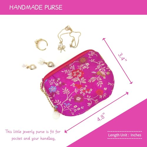 Handmade Women Coin Purse Brocade Zipper Wallet Rosary Pouch Silk Jewelry Bag - Magenta - color: Magenta
