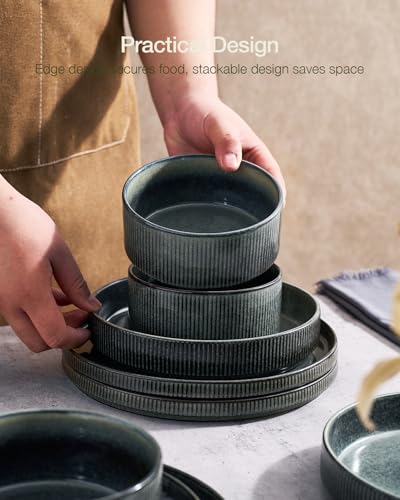 Famiware Star Stoneware Dinnerware Sets for 8, Reactive Glaze Plates, Bowls - color: Deep Forest