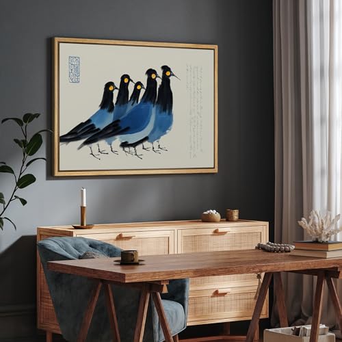 SIGNFORD Framed Canvas Print Wall Art Oriental Style Blue Birds Modern Asian-Inspired Minimalist Illustrations Modern Art Decorative Boho Relax/Zen for Living Room, Bedroom, Office - 16x24 NATURAL - color: B08-2508-M28, size: 24"L x 16"W