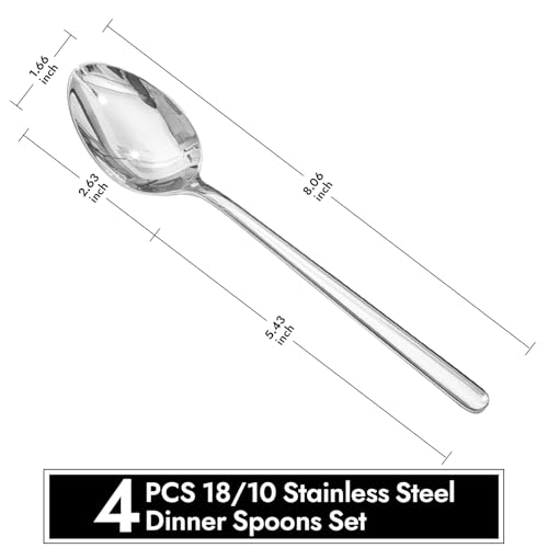 4-Piece 8-Inch Dinner Spoons Set, 18/10 Stainless Steel, Not Teaspoons - size: 4-Piece