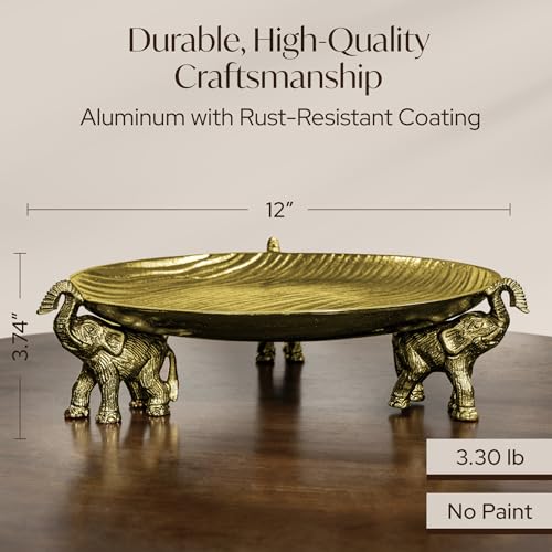 Antique Gold Tray with Elephant Stand - Round Coffee Table Centerpiece - color: Antique Gold