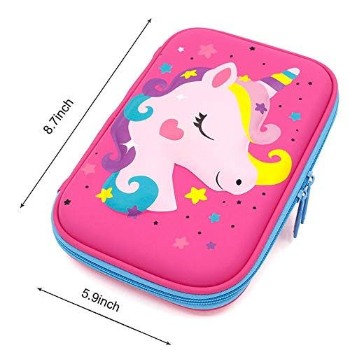 Pencil Case for Girls, 3D Cute EVA Unicorn Pen Pouch Stationery Box Anti-Shock Large Capacity Multi-Compartment for School with 4 unicorn pens - color: Unicorn2 pink