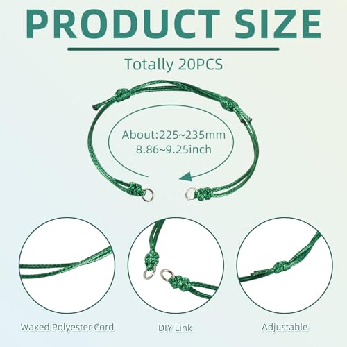20Pcs Dark Green Adjustable Braided Cord Colorful Waxed Thread Half Finished Bracelet with Jump Rings for Wrist DIY Women Jewelry Making Friendship Fashion Bangle Accessory - color: Dark Green