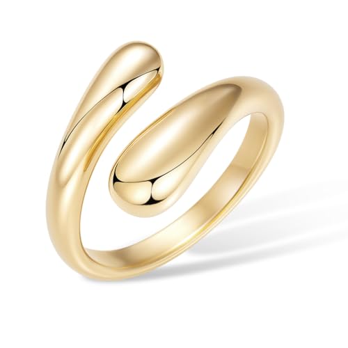 Non Tarnish Gold Chunky Rings for Women, 14K Gold Plated Statement Dome Rings Stacking Silver, Adjustable Mens Eternity Wedding Band Mixed Metal Jewelry Size 3-15 Half Size - color: Gold
