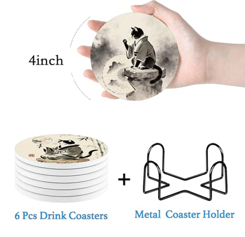 Nikyi 6 Pcs Japanese Cat Art Ceramic Drink Coasters, Absorbent Round Coaster with Cork Base & Metal Holder, Asian Ink Art Coasters Perfect for Coffee Table Office Home Decor & Housewarming Gifts - color: Japanese Cat Art