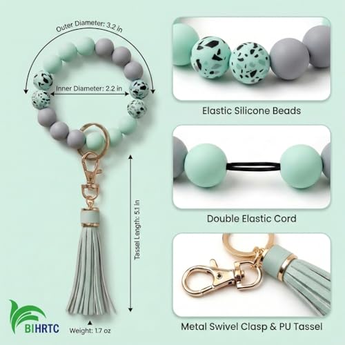 BIHRTC Key Ring Bracelet Car Keychain Holder Wristlet Silicone Women Beaded Bangle Chains - color: Mint Green