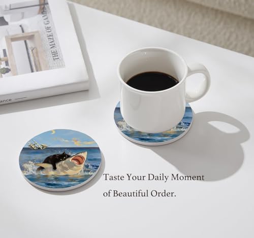 Nikyi 6 Pcs Funny Cat Shark Ceramic Drink Coasters, Absorbent Round Coaster with Cork Base & Metal Holder, Ocean Blue Coasters Perfect for Coffee Table Office Home Decor & Housewarming Gifts - color: Funny Black Cat and Shark