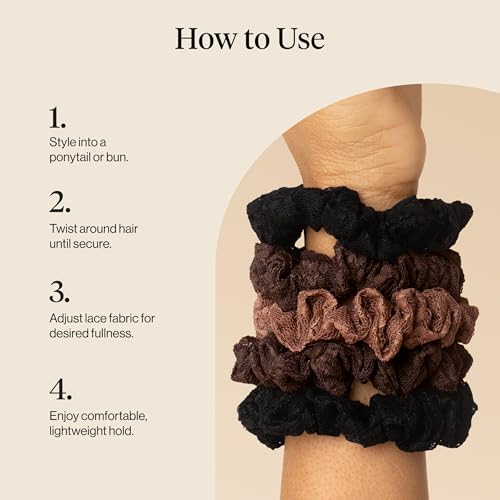 Kitsch Ruched Lace Scrunchies For Women - Black, Chocolate & Mocha, 5pc Set - color: Chocolate & Mocha