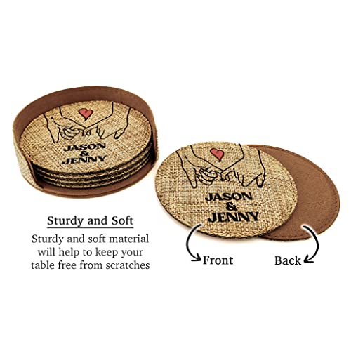 Smile Art Design Family Couple Names CUSTOM COASTER Set of 6 with base Round Burlap Material Personalized Prints Personalized Gifts Christmas House warming for her him Valentine's Day Gift Style8 - color: Style 08, size: Set of 6 - Round Coaster
