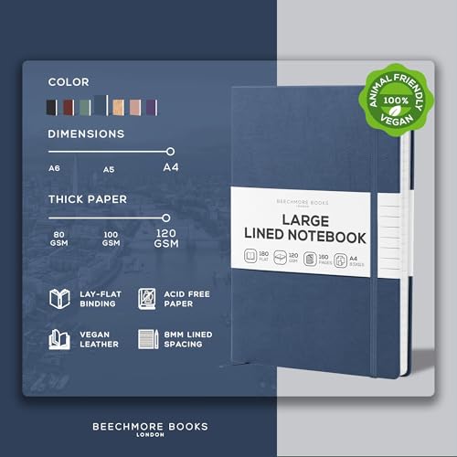 BEECHMORE BOOKS A4 8.5x11.5 Lined Leather Journal For Men 120 GSM, Gift Box - color: Symphony Blue, size: A4 - 8.5" x 11.5" Large