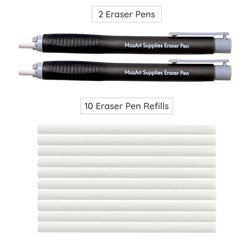 MozArt Eraser Pen Set 2 Pens + 10 Jumbo Refills for Mechanical Pencil - color: Black and White