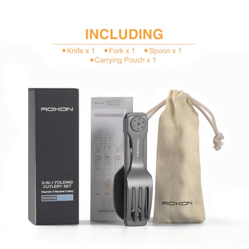 ROXON 3-in-1 Camping Utensils Set (Knife, Spoon, Fork) Titanium-Plated Grey - color: Titanium-Plated Grey