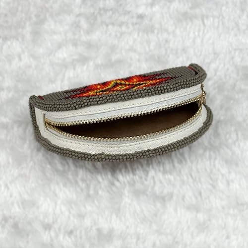 Coin Purse Beaded Small for Women Gray - Handmade Zipper Mini Wallet Pouch - Native American Czech Seed Beads Leather Change Purse Cute Vintage Boho Gift Wristlet Travel Compact - color: Grey