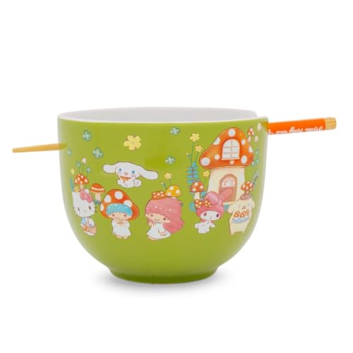 Silver Buffalo Sanrio Hello Kitty and Friends Mushroom Crew Ceramic Dinnerware Set | Includes 20-Ounce Ramen Noodle Bowl and Wooden Chopsticks | Asian Food Dish Set For Home & Kitchen