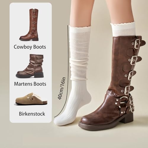 Moonlik Women Ruffle Knee High Boot Socks, Turn Cuff Knit, Breathable Cute Frilly Lettuce Dress Socks, 3 Pairs - color: Black Light Grey Coffee