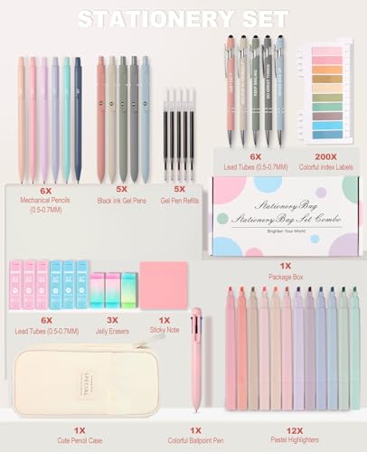 56 PCS Aesthetic School Supplies with Large Pencil Case, 5 Inspirational Ballpoint Pens, 12 Pastel Highlighters, 5 Black Ink Gel Pens, 6 Mechanical Pencils 0.5-0.7mm College Student Essentials (Beige) - color: Beige