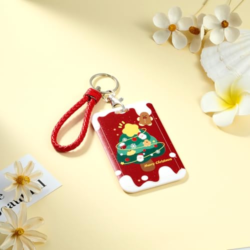 ID Card Badge Holder Key Chain with Metal Keyring, Plastic Slide Open with ID Window for Women Men Girls Students,Christmas Tree - color: Christmas Tree