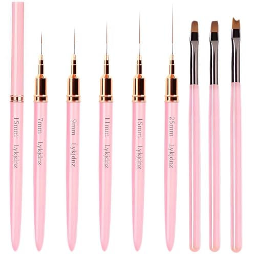 8Pcs Nail Art Brushes Set, 5 Art Liners & 3 Multi-Shape Gel Builder Brushes - color: Pink